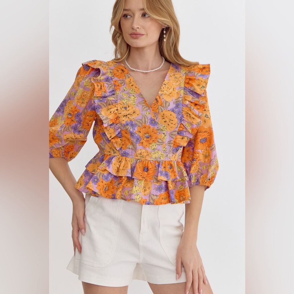 Entro Clementine Ruffled Peplum Blouse Maximalist Purple Orange Floral New Small - Picture 5 of 12